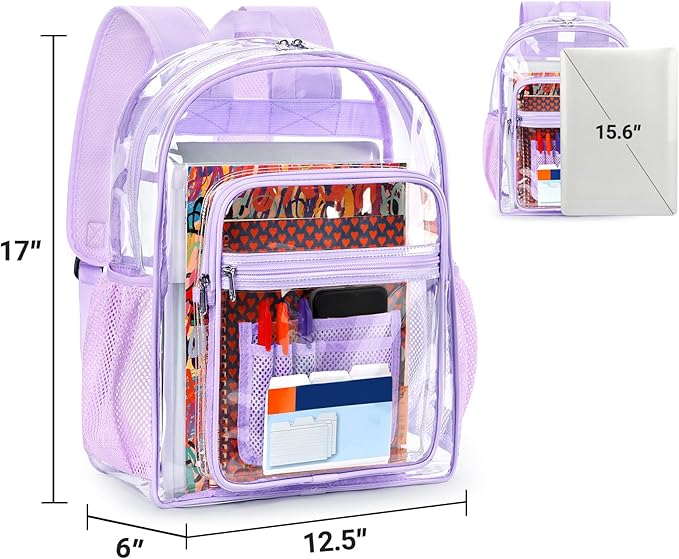 ZORFIN Clear Backpack Heavy Duty for School & Work – 17in Transparent PVC Bag with Large Capacity & Reinforced Straps – See Through Bookbag for Girls Women, Workplace Security - Purple