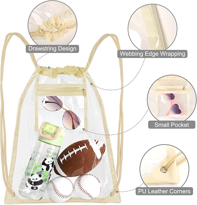 Clear Drawstring Bags, Transparent Storage Backpack for Stadium Approved,2 pieces, Concert Baseball Festival Beach Makeup Bag(1, Cream)