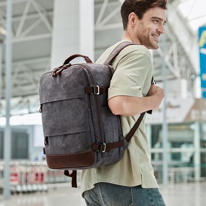 BOVIP Travel Backpack for Men Carry On Backpack Flight Approved Personal Item Backpack, 17 inch Laptop Backpack Casual Daypack Weekender Business Hiking Backpack, Black Gray