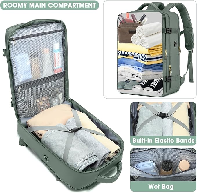 Large Carry On Travel Backpack - Flight Approved Waterproof Luggage Suitcase Backpacks Personal Item Size for Women Men Fit 17 Inch Laptop College Overnight Bag Anti-Theft Weekender Daypack Dark Green