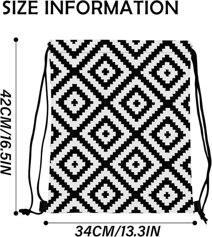 Drawstring Backpack Draw String Bag Waterproof for Sports Gym Beach Travel Cute Aesthetic Sackpack Men Women (13"×17")-Black Rhombus