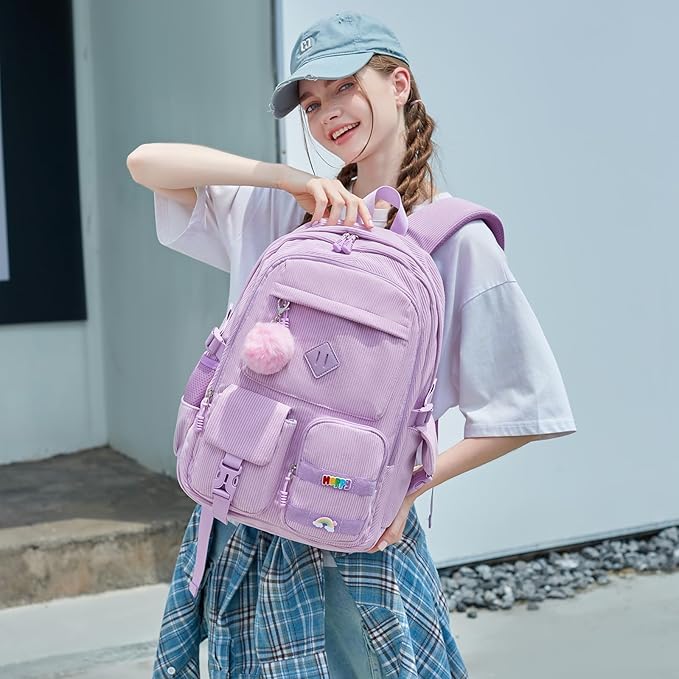 Girls Laptop Backpack Corduroy Bookbag For Teen Big Studen School Bag Durable Travel Daypack (Purple)