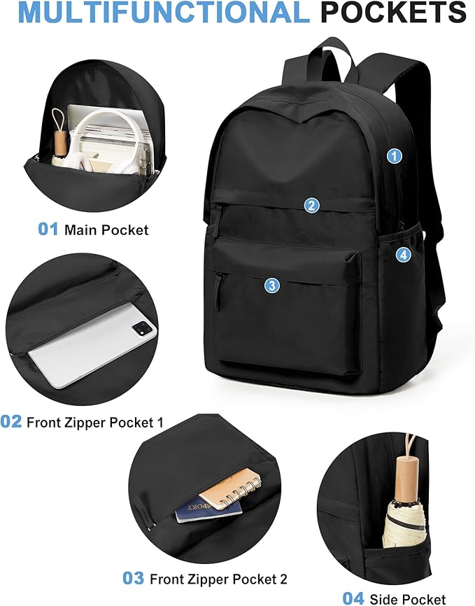 VGCUB Black School Backpacks Travel Book Bag Waterproof Work Light Aesthetic College Backpack for School Girls Boys Teens Mochilas Escolares Para Niñas Casual Daypack for Women Men
