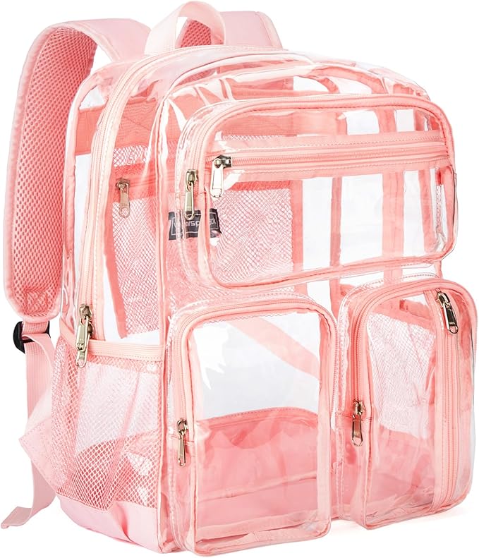 Vorspack Clear Backpack Heavy Duty - Multi-pockets Clear Bookbag Transparent See Through Backpacks for College Work Festival - Pink