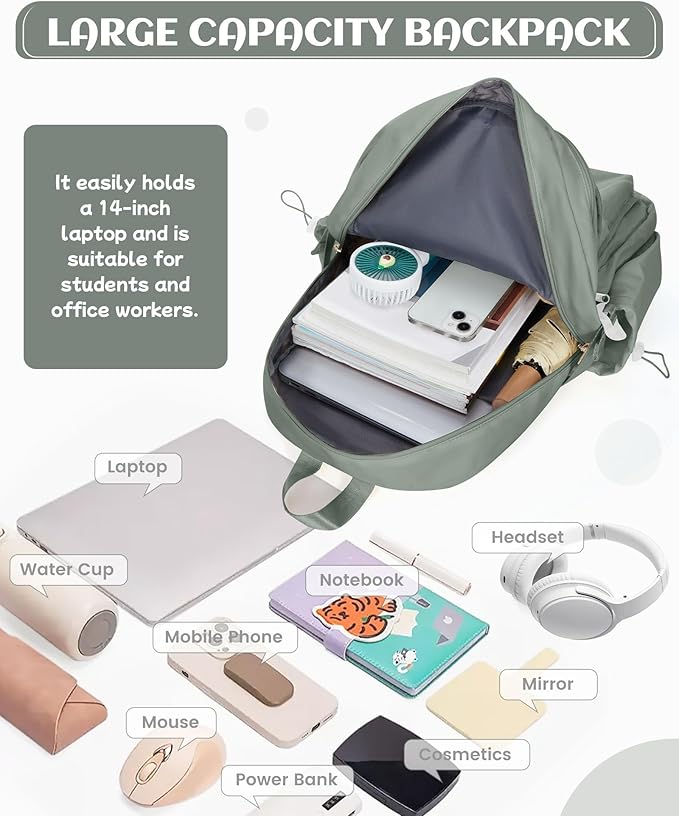 School Backpack for Teen Girls Lightweight College Backpack Women Travel Backpacks Waterproof High School Bookbag for Men Classic Casual Daypacks(Green)