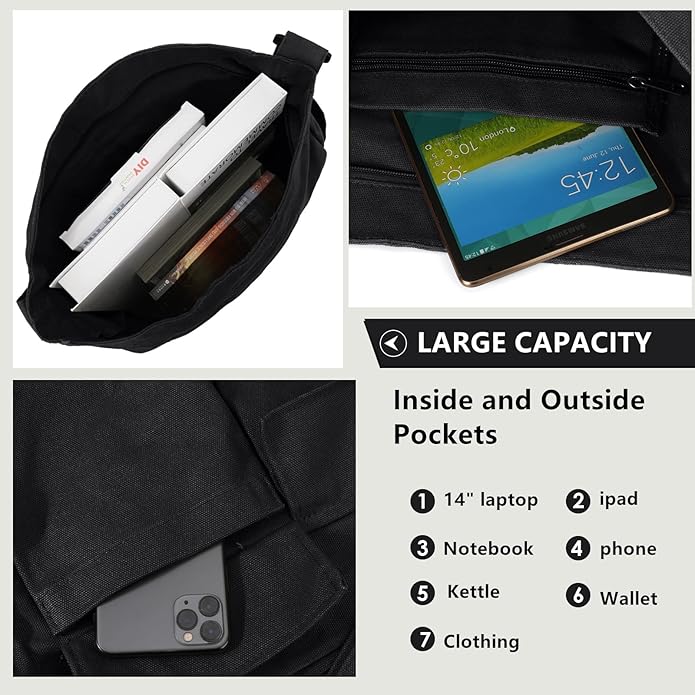 Canvas Messenger Bag Large Hobo Crossbody Bags with Multiple Pockets,School Vintage Shoulder Laptop Bag for Women and Men
