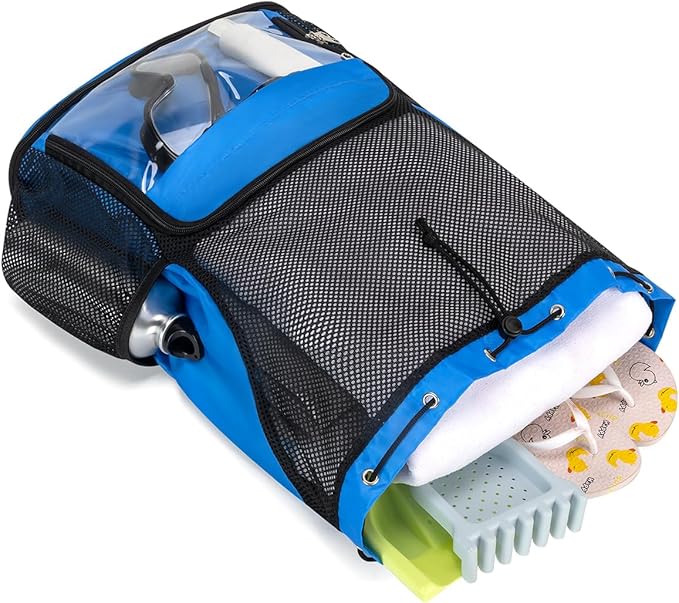 Drawstring Backpack Sandproof Beach Backpack with Shoe Compartment & Wet Pocket Waterproof Mesh Swim Bag Pool Bag for Gym, Travel and Workout Gear (Blue)