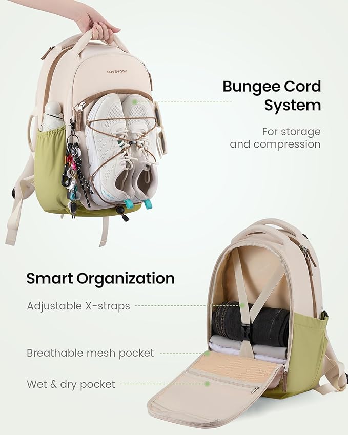 LOVEVOOK Travel Backpack for Women & Men With Giant Tumbler Holder,15.6 Inch Classic Laptop Work College Teacher Carry on Backpack Purse,Personal Item Backpack Hiking Computer Bag,Beige-Mustard Green