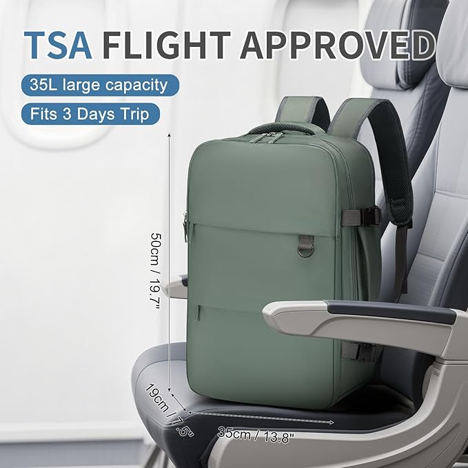 Travel Backpack for Men Women, 35L Laptop Backpack W/Shoe Compartment, Water Resistant Flight Approved Fits 15.6-inch Laptop, Grey-green