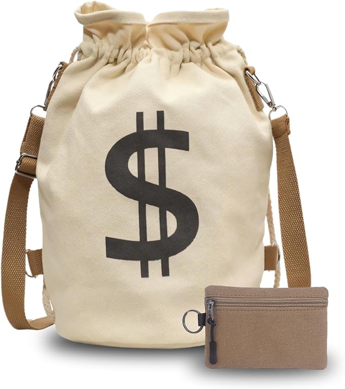 Canvas Drawstring Backpack with Coin pouch, Large Money Dollar Sign Bucket Rucksack, Lightweight Sport Bags (Light Khaki)