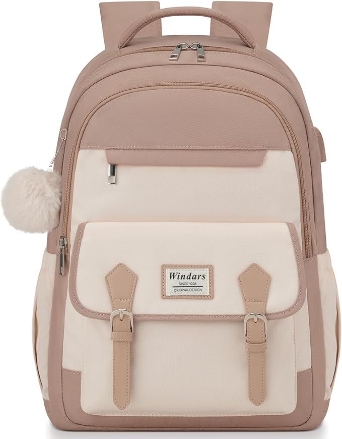 Student Laptop Backpack for College Teen Girls, Cute Middle High School Bag Women Bookbag Large Travel Back Pack Fit 15.6 Inch Laptop (Khaki Beige)