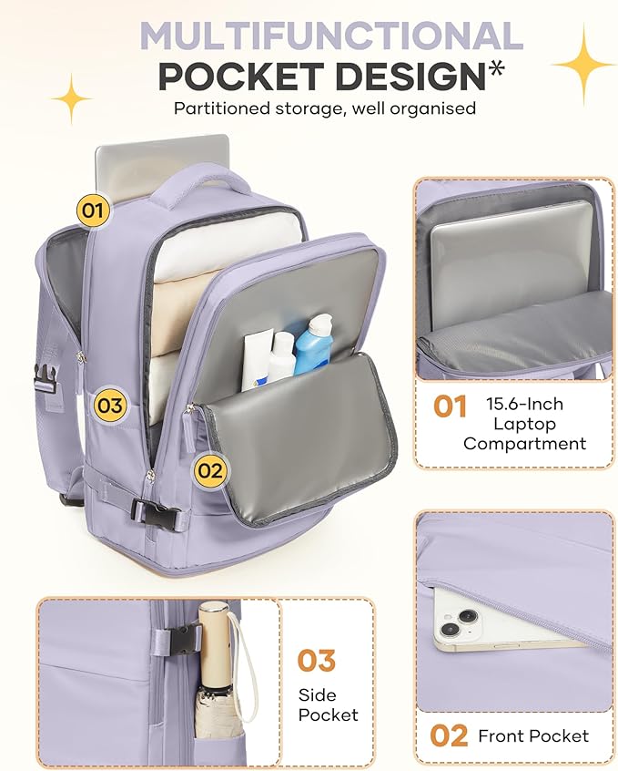 Large Carry On Backpack Flight Approved Personal Item Travel Backpack For Women Airline Approved Waterproof Sports Luggage Backpack Casual Daypack Small Hiking Backpack Purple Backpack