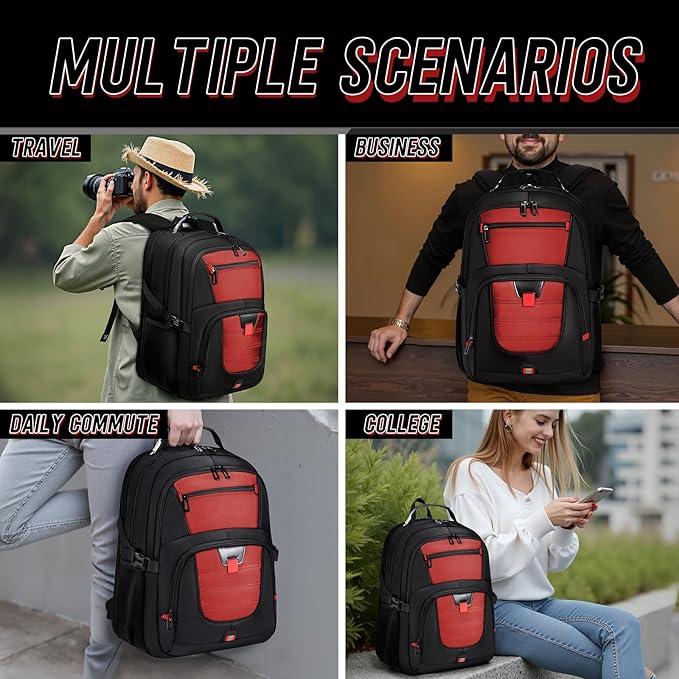 Z-MGKISS Big Travel Backpack, Large Laptop Backpack, TSA Approved Bag, Anti-Theft Water Resistant Computer Daypack 17.3 Inch, Red