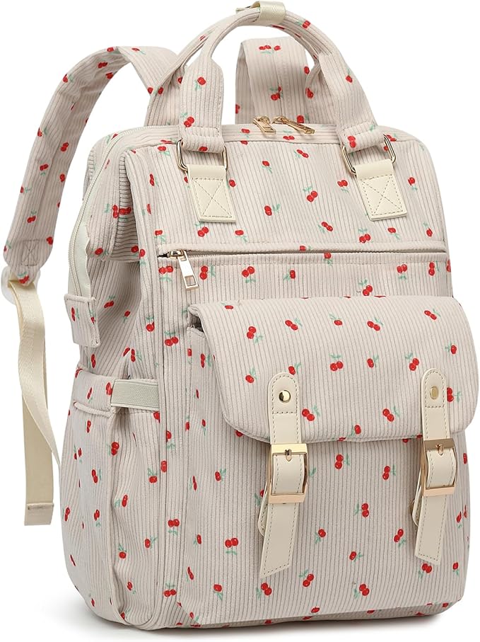 Laptop Backpacks for Women, Corduroy High School College Bookbag 15.6 Inch Laptop Bags for Girls Travel Daypack - Cherry Beige