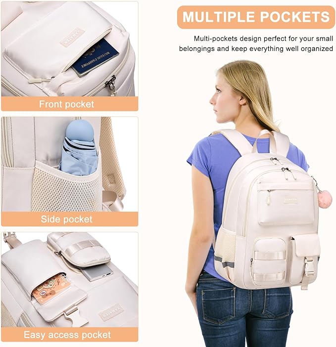 Cute School Backpack for Teen Girls & Women Students - Large 15.6 Inch Laptop Bookbag - College Middle School Travel Backpack with Ergonomic Support, Classic Beige