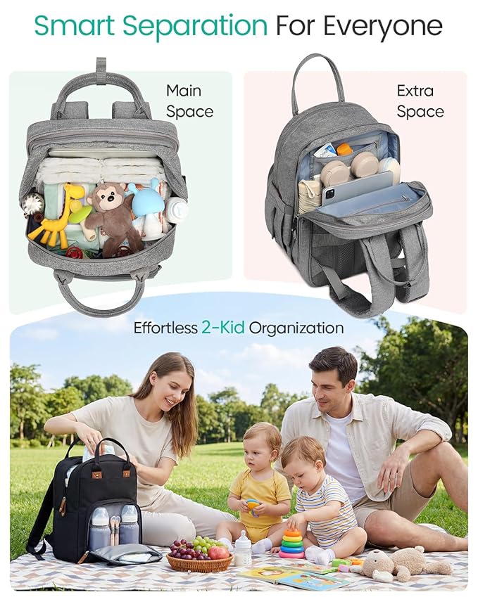 Extra Large Diaper Bag Backpack for Two Kids Twins - Expandable Baby Bag (26-36L), Dual Big Compartments - Includes Changing Pad & Stroller Straps, Unisex Grey