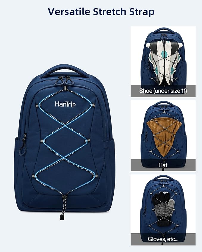 Travel Laptop Backpacks for Women Men, Large Work Backpack for Commuter College School Book Bags, Reflective Water Resistant Backpack with Luggage Strap Bottle Pocket Chest Strap, Navy Blue
