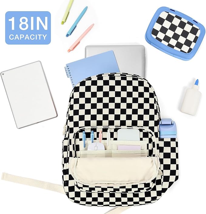 mibasies School Backpack for Girls with Laptop Sleeve: 18IN Large Capacity Corduroy Bookbag for Primary Middle School/College, Travel Daypack for Teens Women - Black Checkered