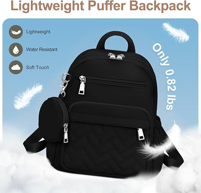 Mini Backpack for Women Small Backpack Purse, Anti Theft Backpack Waterproof Lightweight Puffer Back packs for Travel, Work with Coin Purse Black