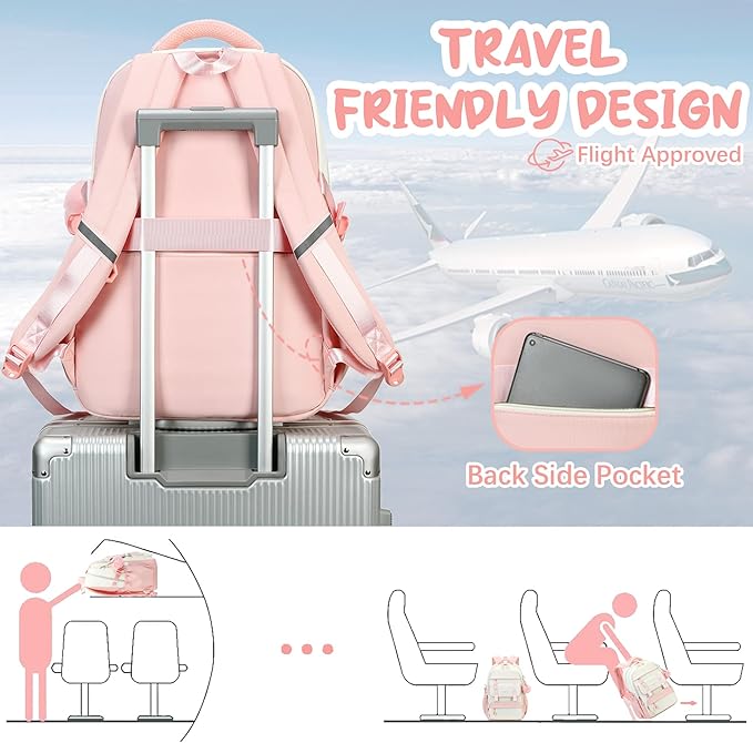 School Backpack for Girls, Laptop Backpack 15.6 Inch Kids Elementary Middle High School Bag Anti Theft Cute College Bookbags for Teens Girls Women Students Casual Travel Daypack,Pink Beige