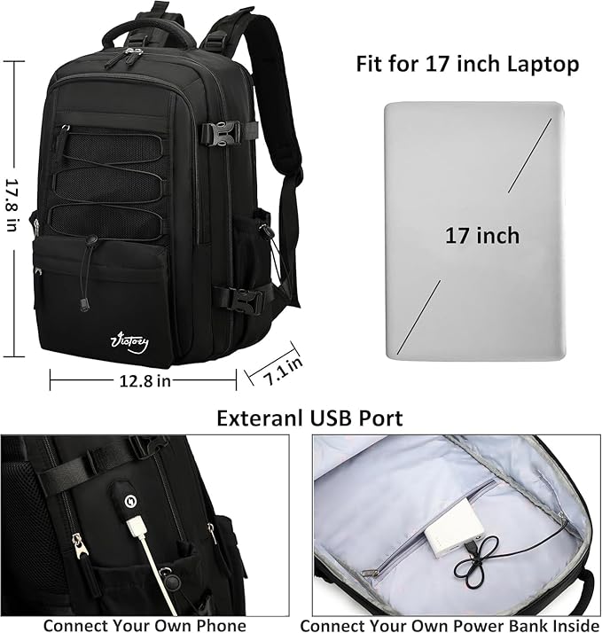 Travel Backpack for Women Men 17 Inch Laptop Backpacks with USB Port Carry on Bag Airline Approved Large College School Bookbags Waterproof Work Business Sport Rucksack Casual Daypack (Black)