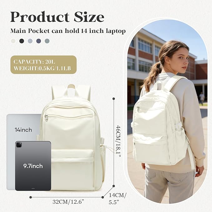 Simple School Backpack For Women,Lightweight College Backpack,High School Bag For Teens Boys Girls,Casual daypack Small Travel Backpacks Men Cute Bookbag(Beige)