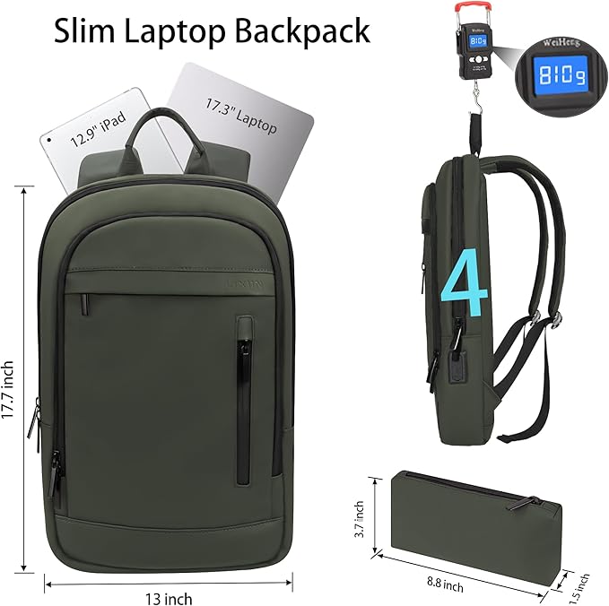Business Backpack for Men Lightweight Commute Laptop Backpack Anti-Theft Water Resistant Backpack for 17.3 Inch Computer for Daily Office Work with Small Bag (Green, 17.3")