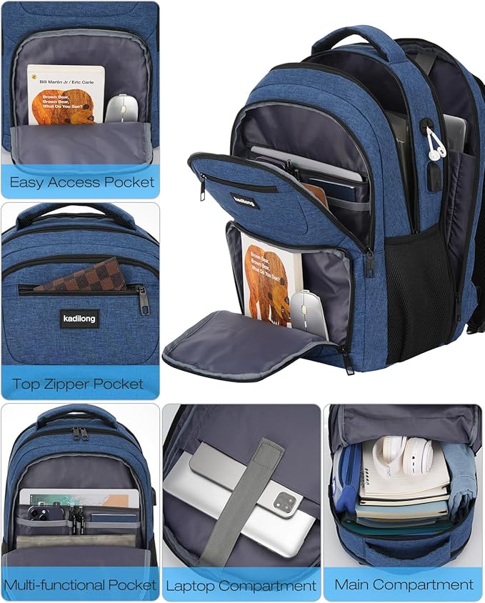 Laptop Backpack for Women & Men,Business Anti Theft Slim Computer Bag with USB Charging Port,Water Resistant College Computer Bag for Teens Boys Fits 17.3 Inch Laptop and Notebook, Blue
