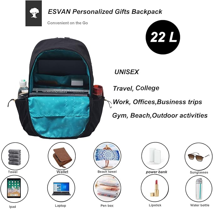 ESVAN Personalized Gifts Backpack Canvas Linen Nylon 17 inch Laptop Bag for Women Casual College