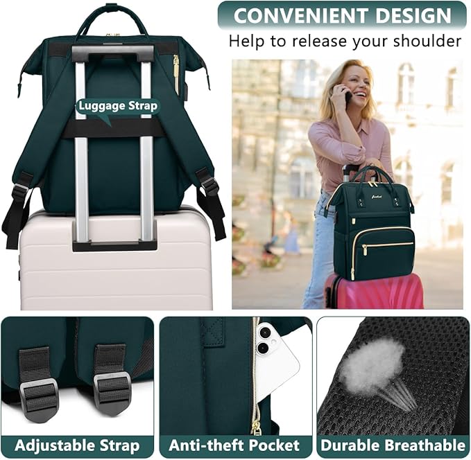Laptop Backpack for Women Work Bags - 15.6 Inch Professional Womens Travel Backpack Purse Computer Laptop Bag Nurse Teacher Backpack Waterproof Carry on Back Pack with USB Port Dark Green