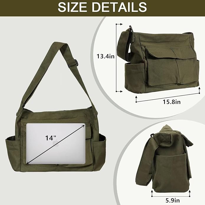 Canvas Messenger Bag Large Hobo Crossbody Bags with Multiple Pockets,School Vintage Shoulder Laptop Bag for Women and Men