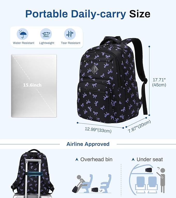 Girls Backpack, Lightweight School Backpack Multiple-pocket College Bookbag for Teen Girls Travel Backpack with Luggage Strap for Women, Black with Purple Bow