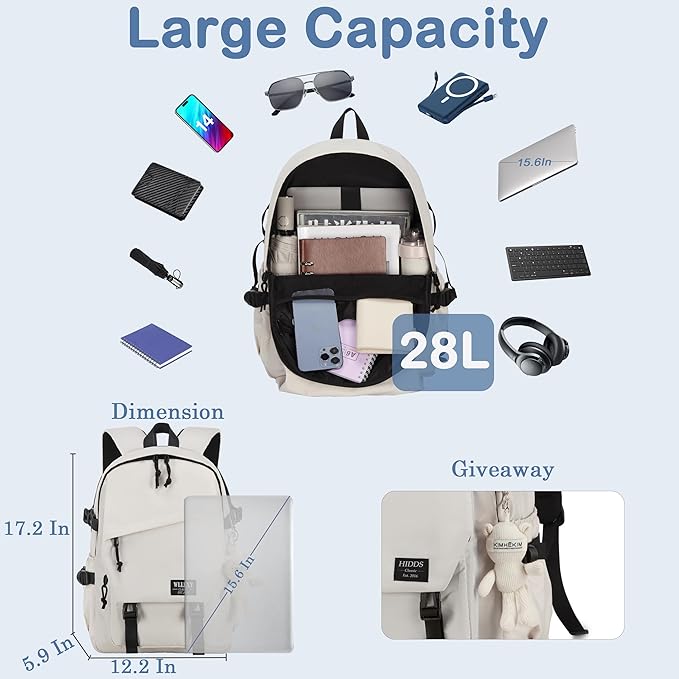 Hidds College Laptop Backpack for Men Women 15.6 Elementary Middle High School Book Bag For Teens Girls Boys Anti Theft Travel Backpacks Waterproof Casual Daypack Large Student Bookbags（Beige-M）