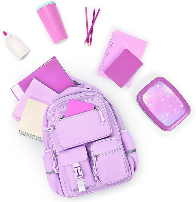 mibasies School Backpack for Teen Girls: 17.9 IN Backpack for Women with Laptop Compartment for Middle High Elementary School College Travel- Kids Bookbag Light Purple