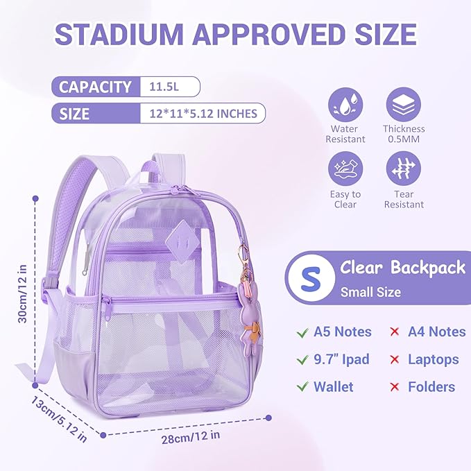 Clear Backpack for Stadium Events Approved 12×6×12, Thick TPU Mini Clear Bag with Front Pocket for Concert Sport Events Work Travel, Purple