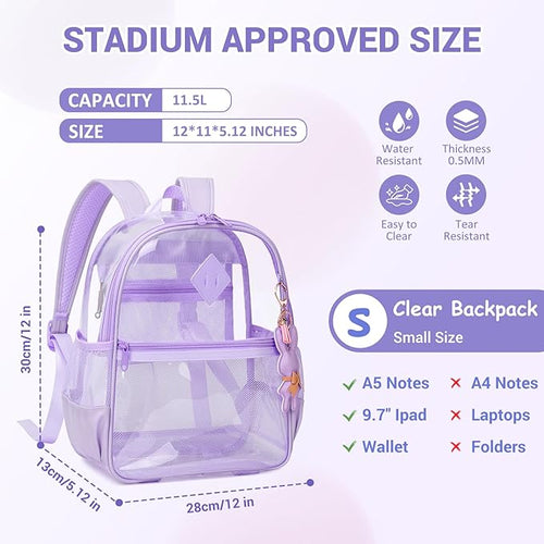 Clear Backpack for Stadium Events Approved 12×6×12, Thick TPU Mini Clear Bag with Front Pocket for Concert Sport Events Work Travel, Purple