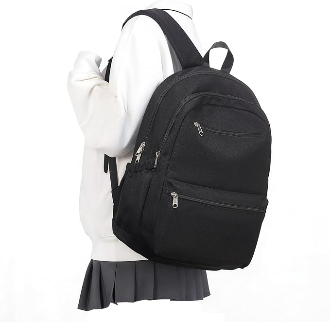 Lightweight School Backpack for Women Men, Multi Pocket Backpack for College Students, Waterproof Middle School Bags, Simple Bookbag for Teens Girls Boys, Black