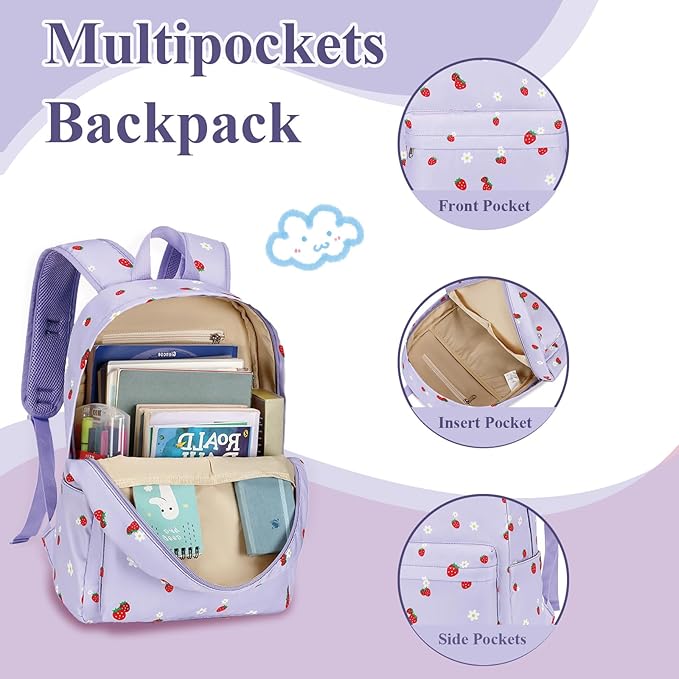 LEDAOU Kids School Backpack with Lunch Box for Girls Kindergarten Elementary BookBag School Bag Preschool Toddler Backpack(Purple Strawberry)