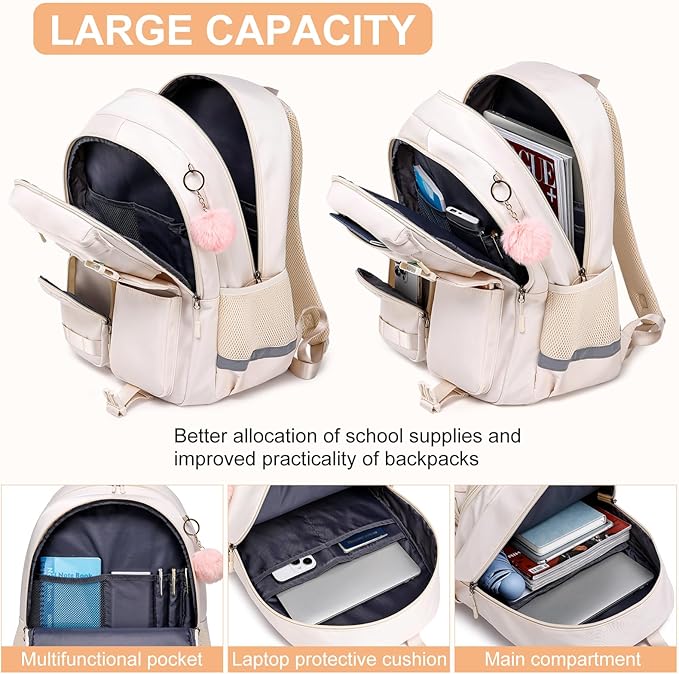 Cute School Backpack for Teen Girls & Women Students - Large 15.6 Inch Laptop Bookbag - College Middle School Travel Backpack with Ergonomic Support, Classic Beige