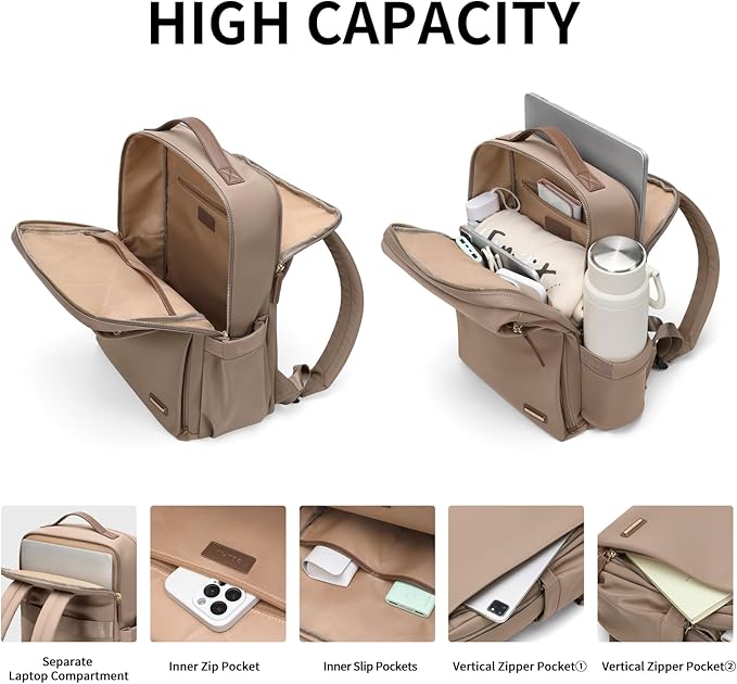 GOLF SUPAGS Stylish Laptop Backpack for Women Airline Approved Perfect for Work College and Travel Multi-Functional Casual Daypack Fits 14 Inch Notebook (Champagne)