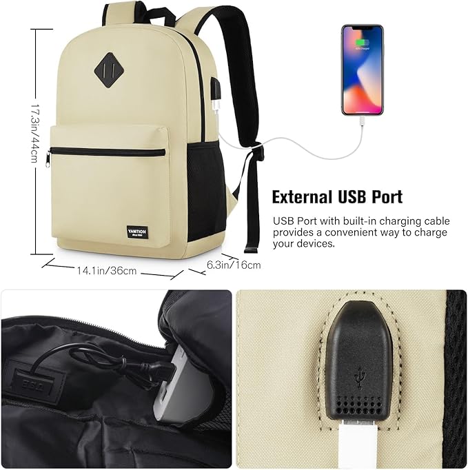 YAMTION School Backpack,Unisex Classic Bookbag Teens Schoolbag with USB Port for High School College Office Work Travel, 15.6 inch, Beige