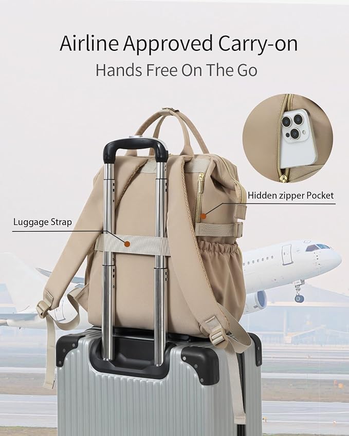 Laptop Backpack for Women, College Bookbag School Backpack for High School Teen Girls, Work Bags with Cup Holder & USB Charger for Teacher Nurse Travel, Beige Khaki