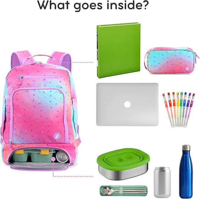 J World New York 2-in-1 Insulated Backpack Lunch Box for Kids. Adult School Bookbag, Confetti