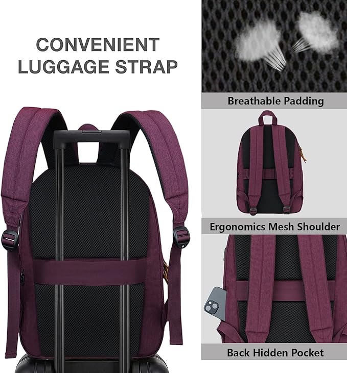SUPACOOL Lightweight Laptop Backpack with USB Charging Port for Men and Women, Double Layers Backpack for College, Work, Travel, Casual(Purple)