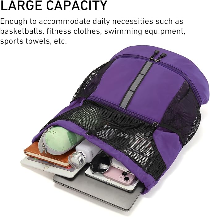 Valleycomfy Drawstring Gym Bag Sports Backpack With Shoe Compartment and Reflective Strips Purple