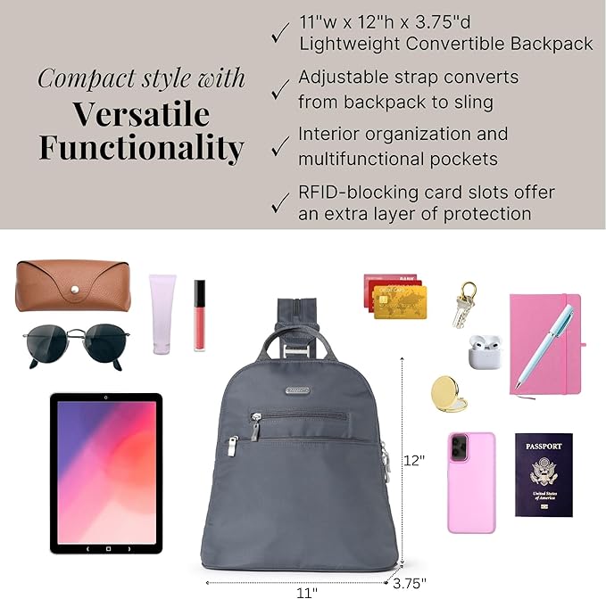 Baggallini Essential Mini Backpack Purse for Women - Built-in RFID Card Holder - Convertible Sling Bag with Adjustable Shoulder Strap, Charcoal Gray