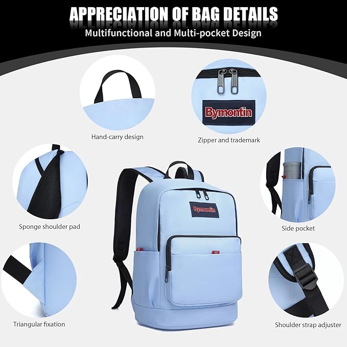 Classic Casual Backpack, Lightweight Daypack with 10 Pockets, Laptop Compartment, EVA Foam Pad (Light blue)