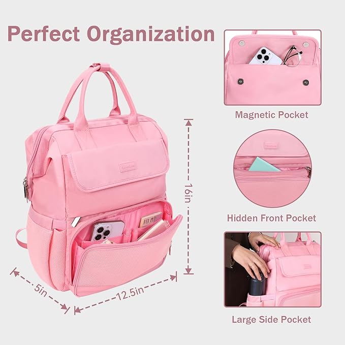 Laptop Backpack for Women & Men. 15.6 Inch Computer Backpack for Work Business, Waterproof Teacher Nurse Bag with Large Capacity, Lightweight College Bookbag Bags, Casual Daypack for Travel Pink