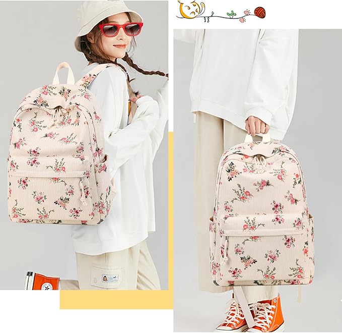School Backpack for Teen Girls Women Laptop Backpack College Bookbags Middle School Travel Work Commuter Back Pack(Corduroy flower)