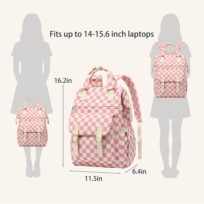 Corduroy Laptop Backpack for Women 15.6 Inch Stylish College School Bookbag, Business Work & Travel Computer Backpacks (Checkered Pink)